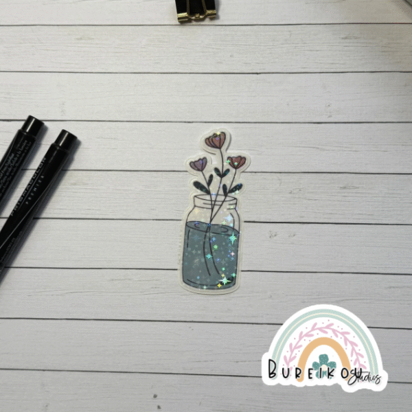 Holographic Pink & Purple Flowers in Mason Jar Vinyl Sticker