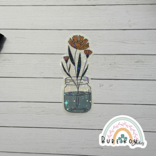 Holographic Orange Flowers in Mason Jar Vinyl Sticker