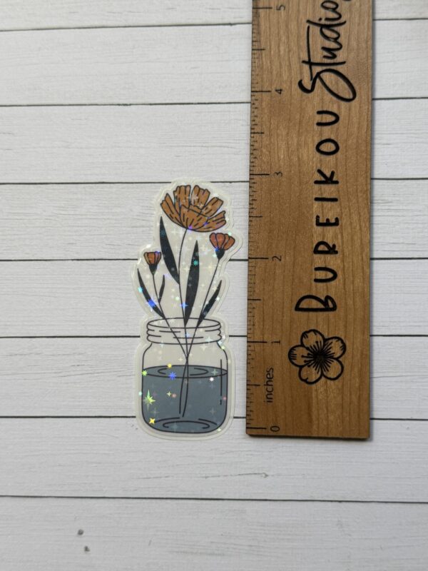 Holographic Orange Flowers in Mason Jar Vinyl Sticker - Image 2
